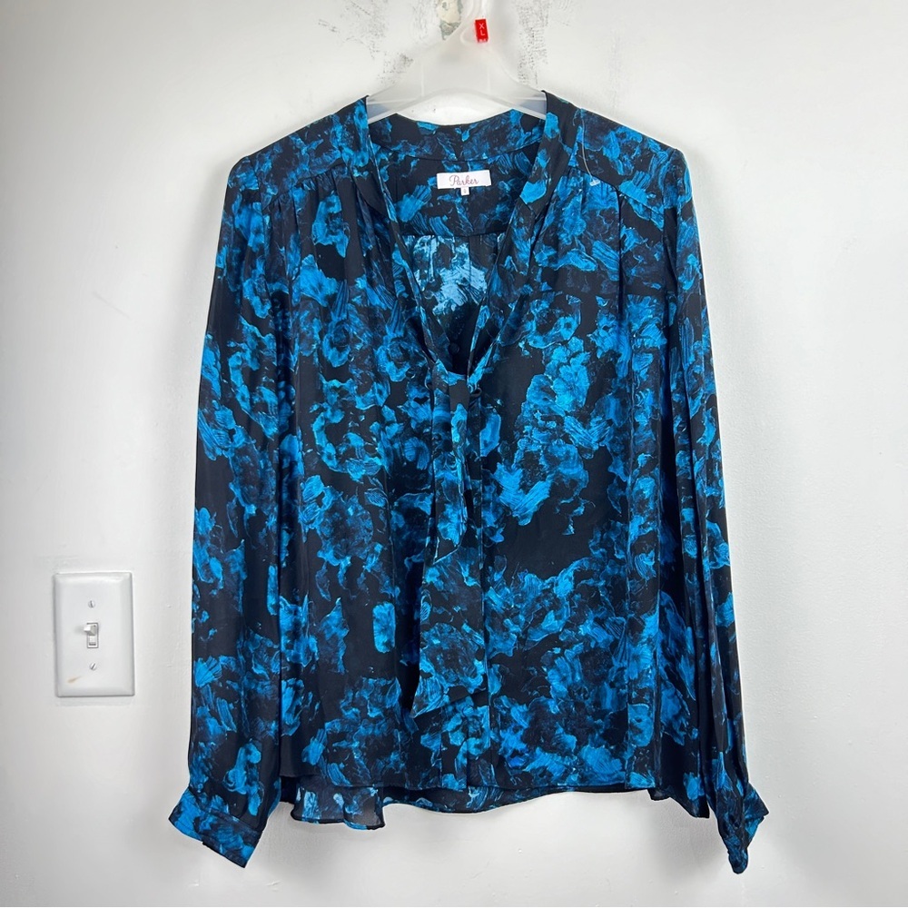 Parker Blue and Black Abstract Tie-Waist V-Neck Blouse - Picture 2 of 5